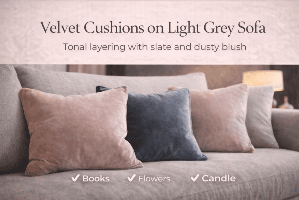 Velvet and bouclé textures layered on a light grey sofa